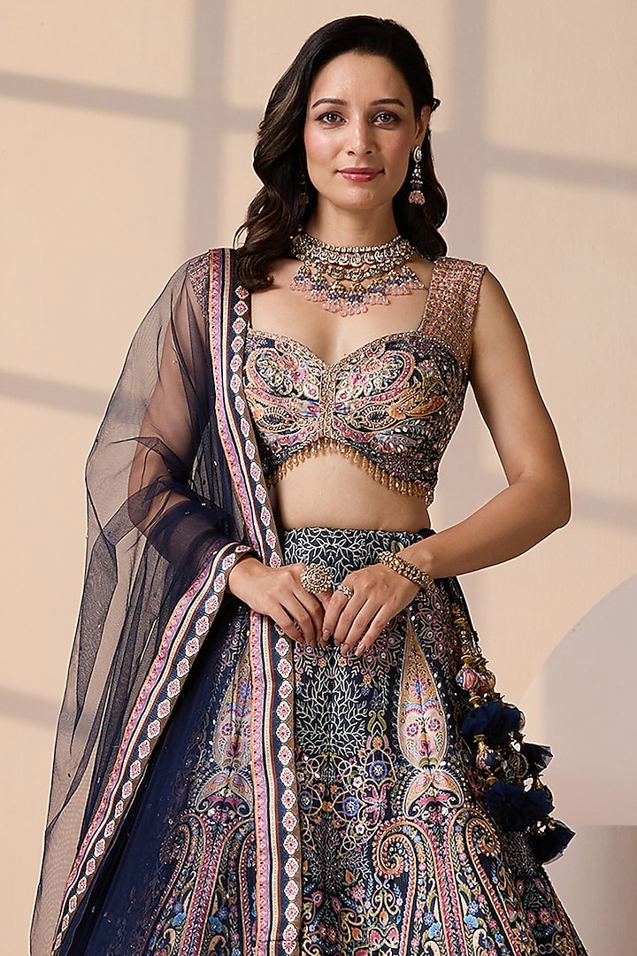 Blue Silk & Net Mirror Embellished Wedding Lehenga Set by Chaashni by Maansi and Ketan at Pernia's Pop Up Shop