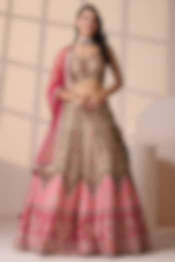 Pink & Green Silk & Net Sequins Embellished Wedding Lehenga Set by Chaashni by Maansi and Ketan at Pernia's Pop Up Shop