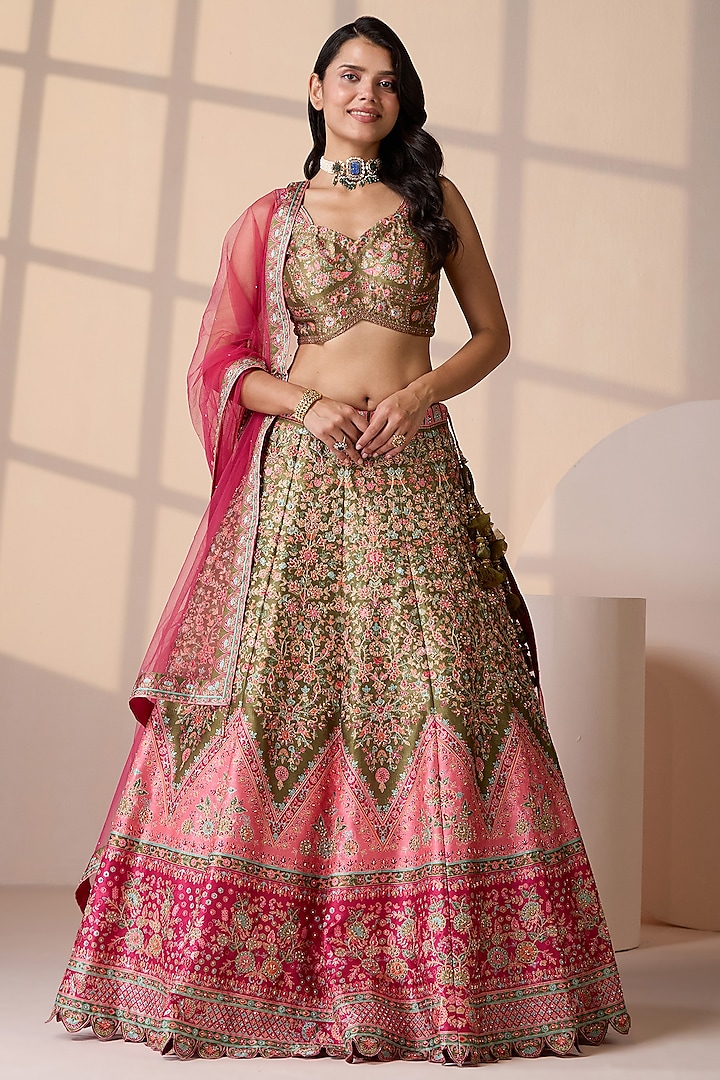 Pink & Green Silk & Net Sequins Embellished Wedding Lehenga Set by Chaashni by Maansi and Ketan at Pernia's Pop Up Shop