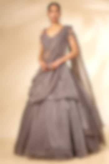 Champagne Organza Draped Wedding Lehenga Set by Chaashni by Maansi and Ketan at Pernia's Pop Up Shop