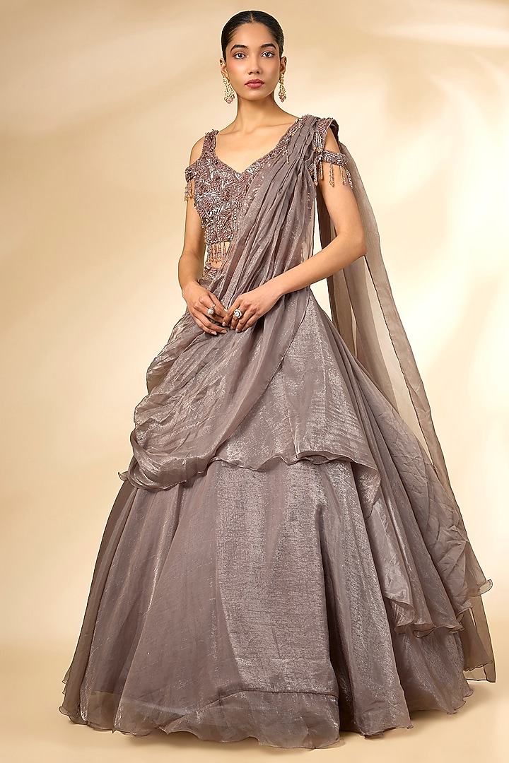 Champagne Organza Draped Wedding Lehenga Set by Chaashni by Maansi and Ketan at Pernia's Pop Up Shop
