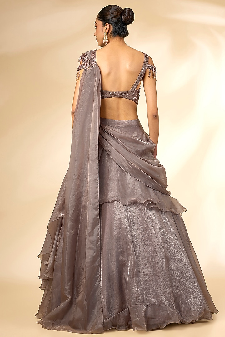 Champagne Organza Draped Wedding Lehenga Set by Chaashni by Maansi and Ketan at Pernia's Pop Up Shop
