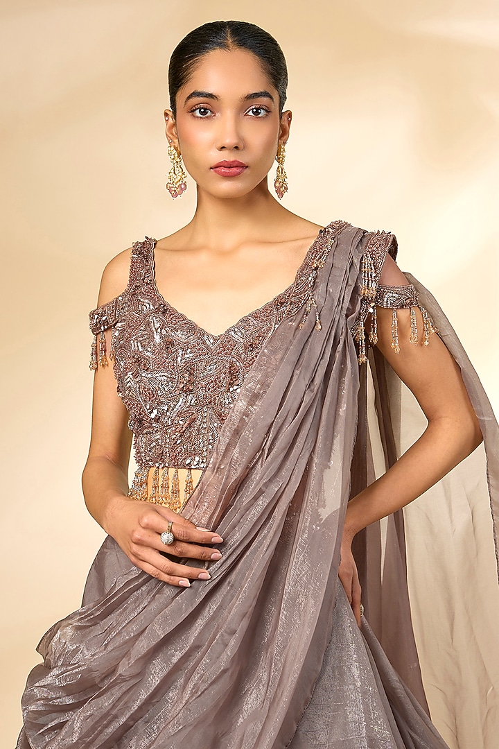 Champagne Organza Draped Wedding Lehenga Set by Chaashni by Maansi and Ketan at Pernia's Pop Up Shop