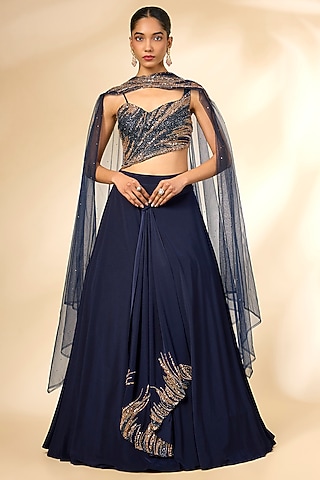 Blue Lycra Embroidered Lehenga Set by Chaashni by Maansi and Ketan