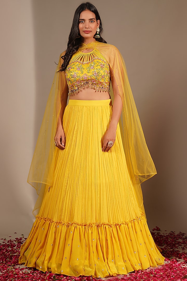 Yellow Georgette Boota Work Lehenga Set by Chaashni by Maansi and Ketan at Pernia's Pop Up Shop