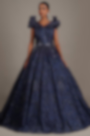 Midnight Blue Organza Embroidered Gown by Chaashni by Maansi and Ketan