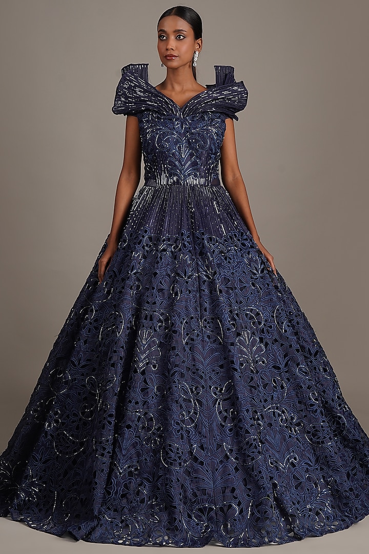 Midnight Blue Organza Embroidered Gown by Chaashni by Maansi and Ketan at Pernia's Pop Up Shop