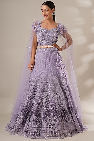 Lavender Net Embroidered Lehenga Set by Chaashni by Maansi and Ketan