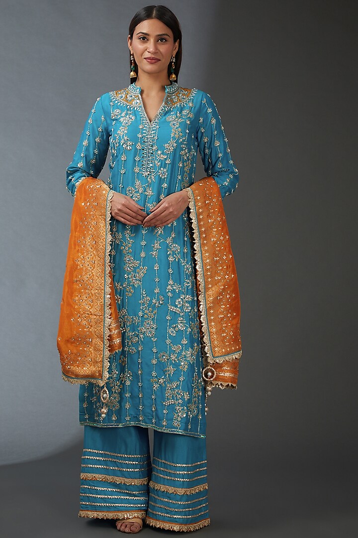 Blue Silk Embroidered Sharara Set by Chaashni by Maansi and Ketan