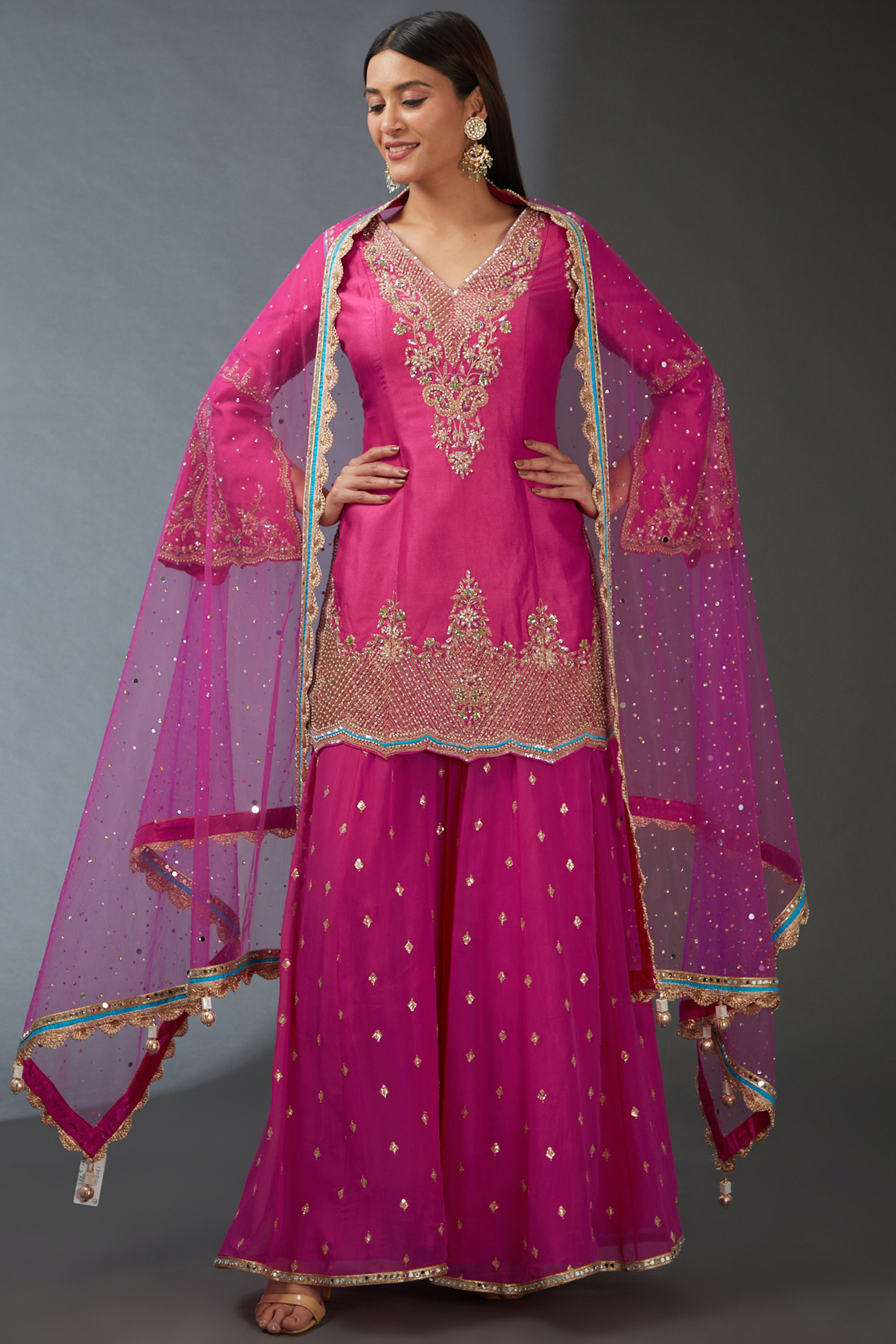 Pink Silk Embroidered Sharara Set by Chaashni by Maansi and Ketan
