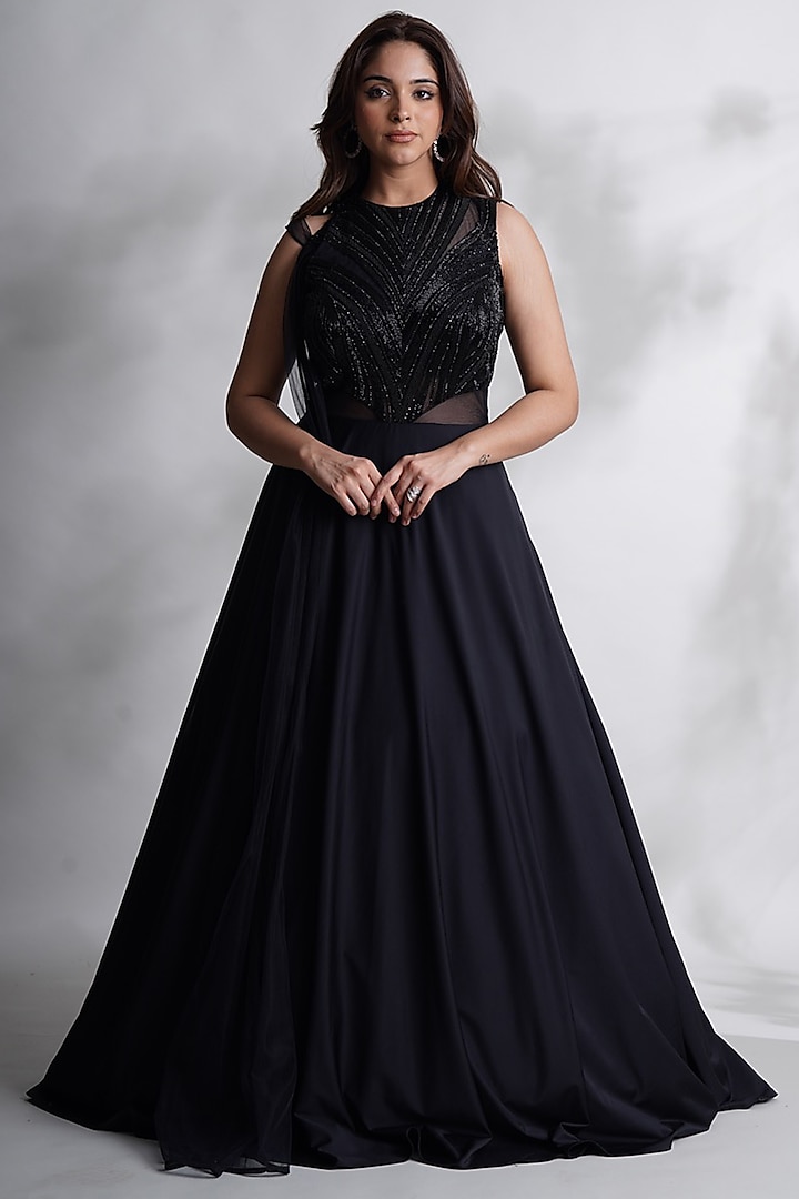 Black Lycra & Net Embroidered Gown by Chaashni by Maansi and Ketan