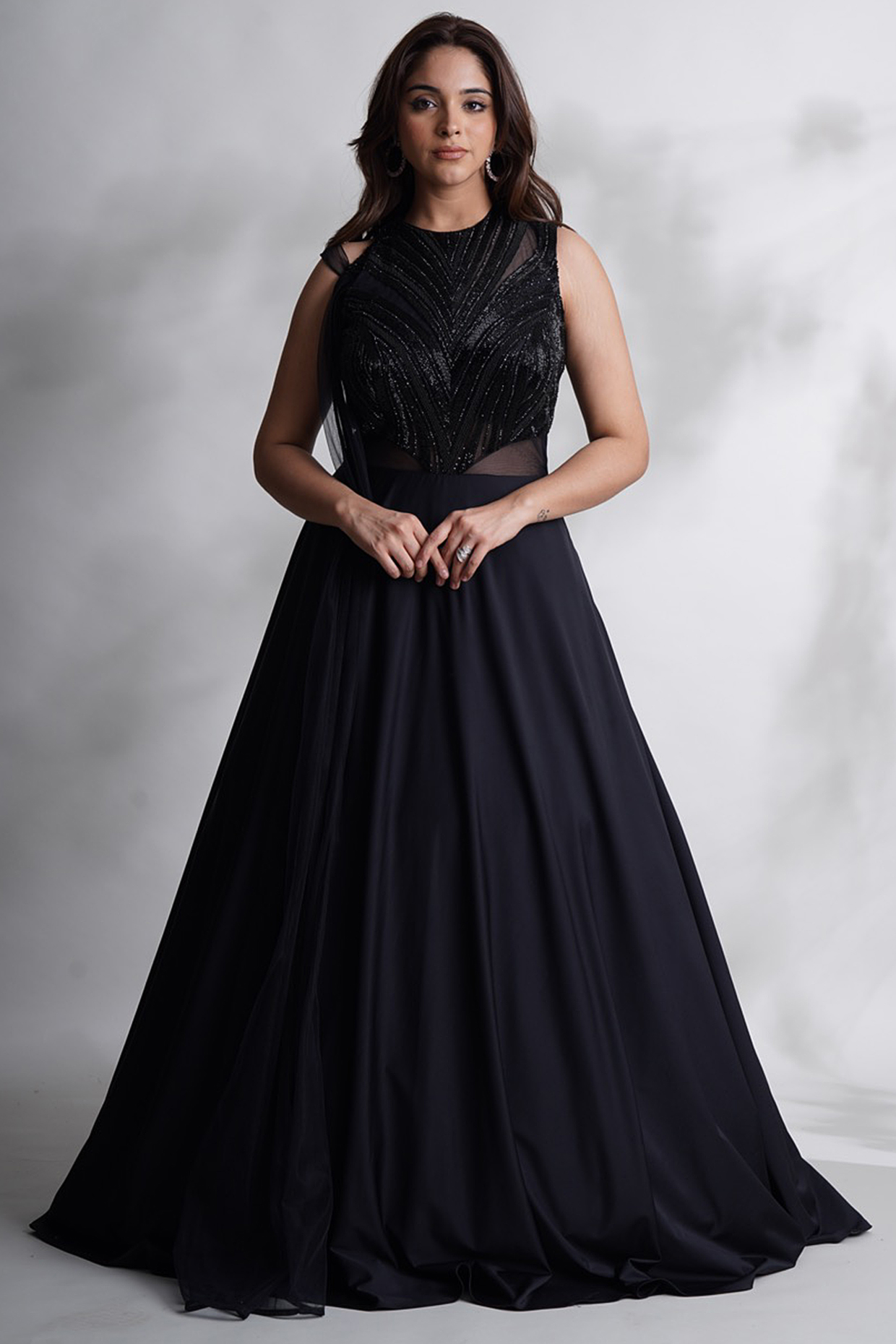 Black Lycra & Net Embroidered Party Wear Gown by Chaashni by Maansi and Ketan at Pernia's Pop Up Shop