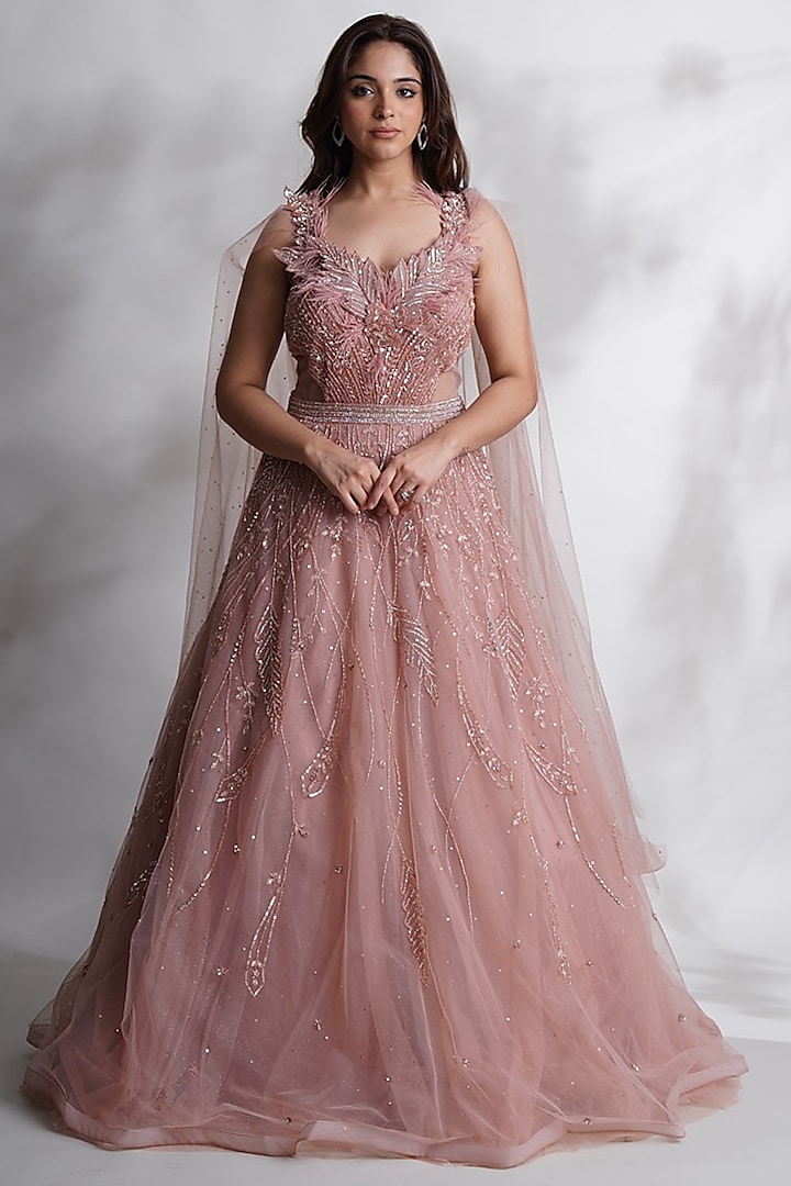 Pink Net & Satin Sequins Embroidered Gown by Chaashni by Maansi and Ketan