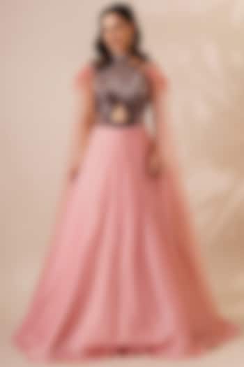 Pink Organza & Lycra Embroidered Gown by Chaashni by Maansi and Ketan