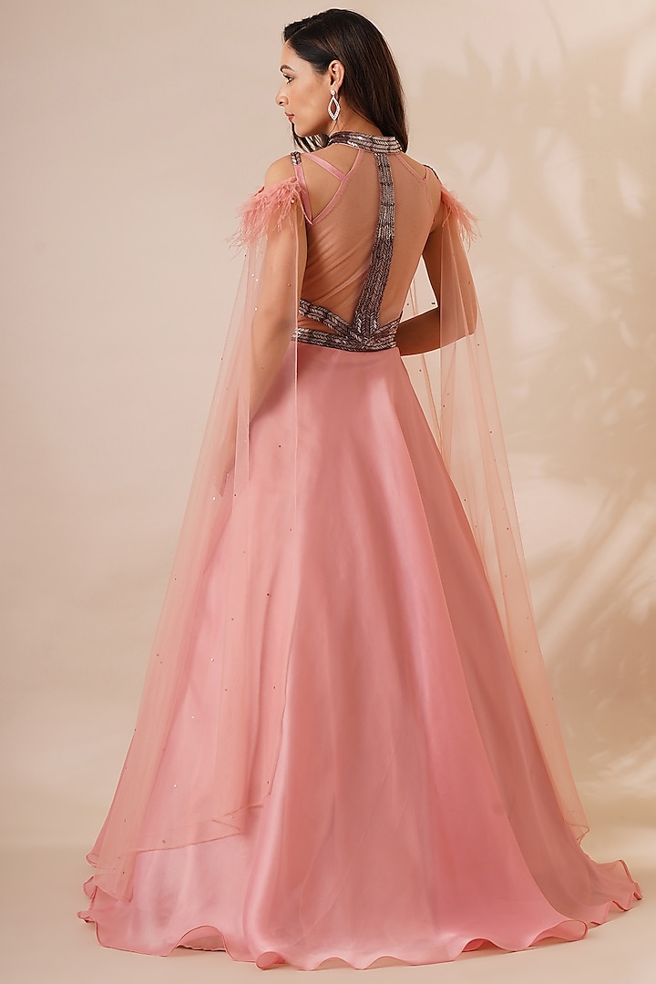 Chaashni by Maansi and Ketan Floral Sequin Embellished Gown, Women, Gowns,  Pink, Cutdana, Organza, V-neck, Cape Sleeves