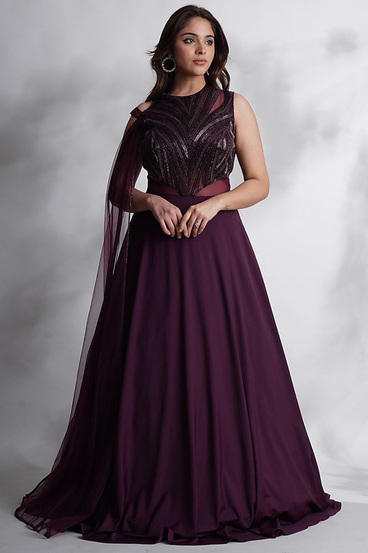 Wine Lycra & Net Embroidered Gown by Chaashni by Maansi and Ketan