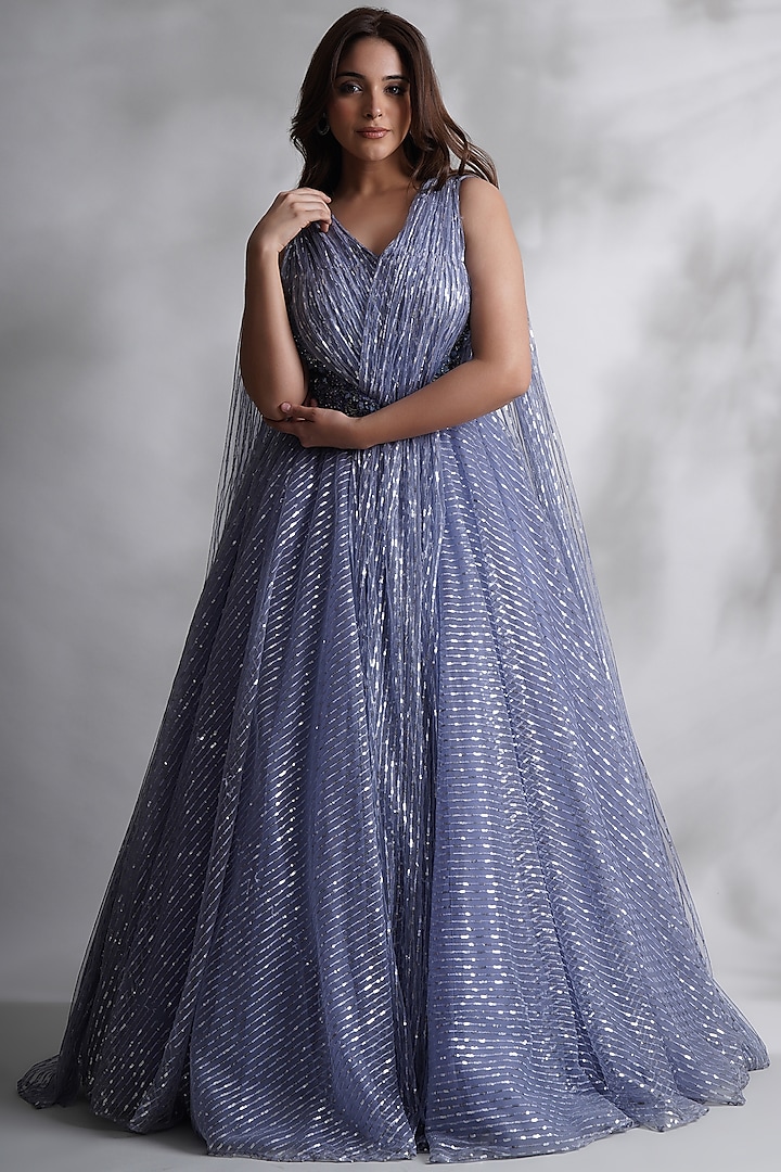 Lilac Net Sequins Embroidered Gown by Chaashni by Maansi and Ketan