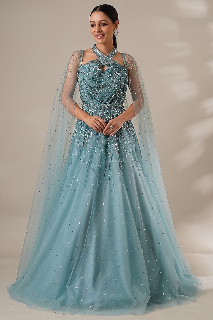 Blue Net & Satin Embroidered Gown by Chaashni by Maansi and Ketan