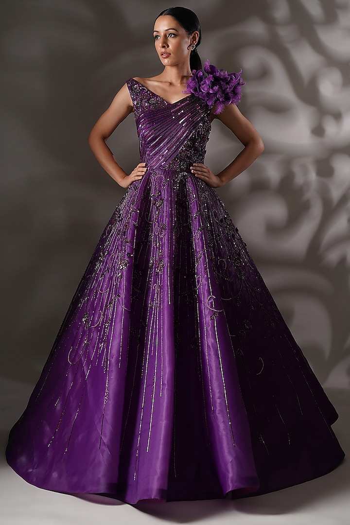 Purple Organza Sequins Embroidered Gown by Chaashni by Maansi and Ketan