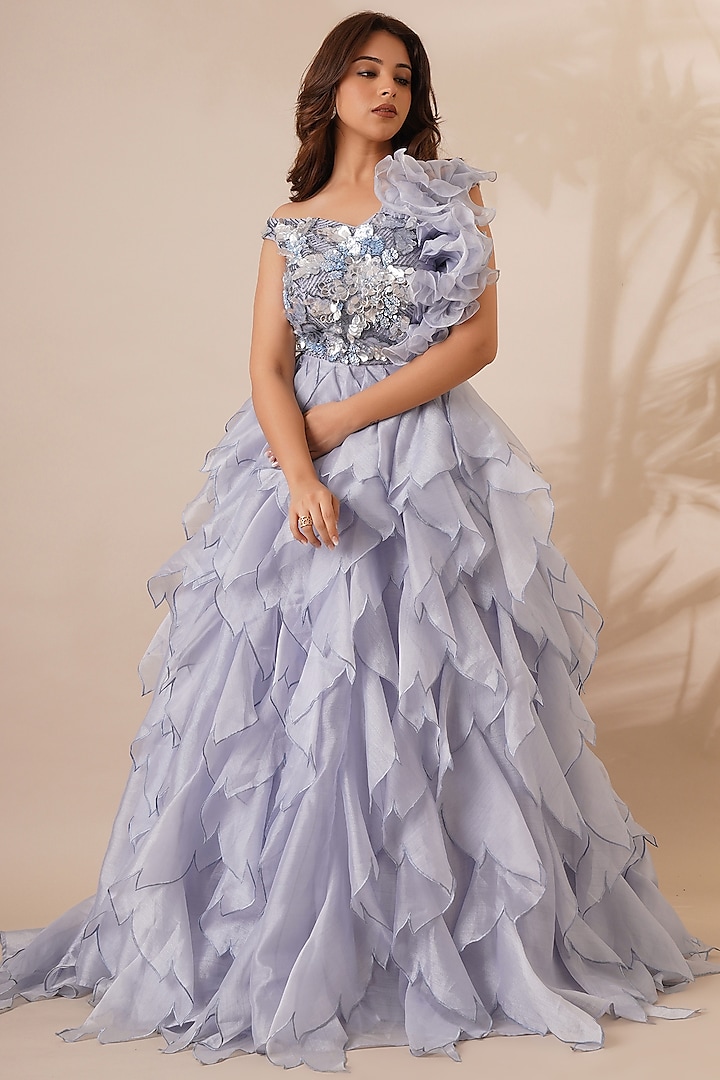 Ice Blue Organza Embroidered Gown by Chaashni by Maansi and Ketan