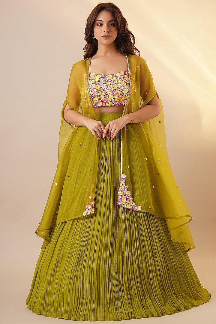 Green Georgette Jacket Lehenga Set by Chaashni by Maansi and Ketan