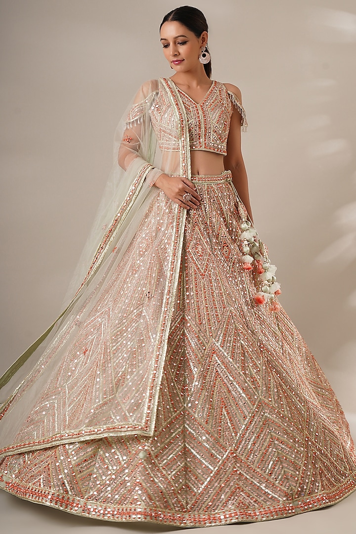 Beige Net Embroidered Wedding Lehenga Set by Chaashni by Maansi and Ketan at Pernia's Pop Up Shop