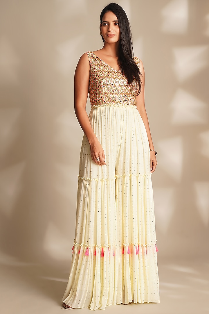 White Georgette Embroidered Jumpsuit by Chaashni by Maansi and Ketan