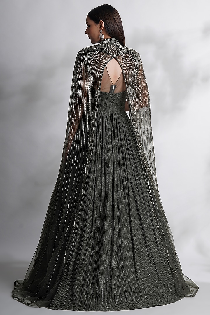 Green Lycra & Satin Embroidered Engagement Gown by Chaashni by Maansi and Ketan at Pernia's Pop Up Shop