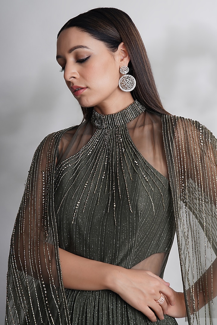 Green Lycra & Satin Embroidered Engagement Gown by Chaashni by Maansi and Ketan at Pernia's Pop Up Shop