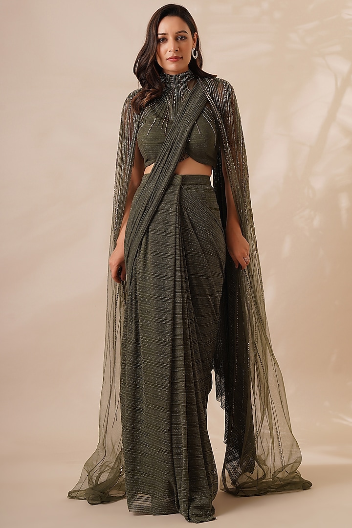 Green Lycra Draped Saree Set Design by Chaashni by Maansi and Ketan at ...