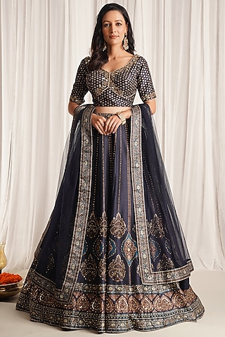 Blue Silk Printed Lehenga Set by Chaashni by Maansi and Ketan