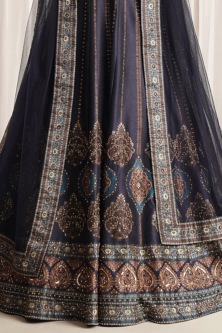 Blue Silk Printed Wedding Lehenga Set by Chaashni by Maansi and Ketan at Pernia's Pop Up Shop