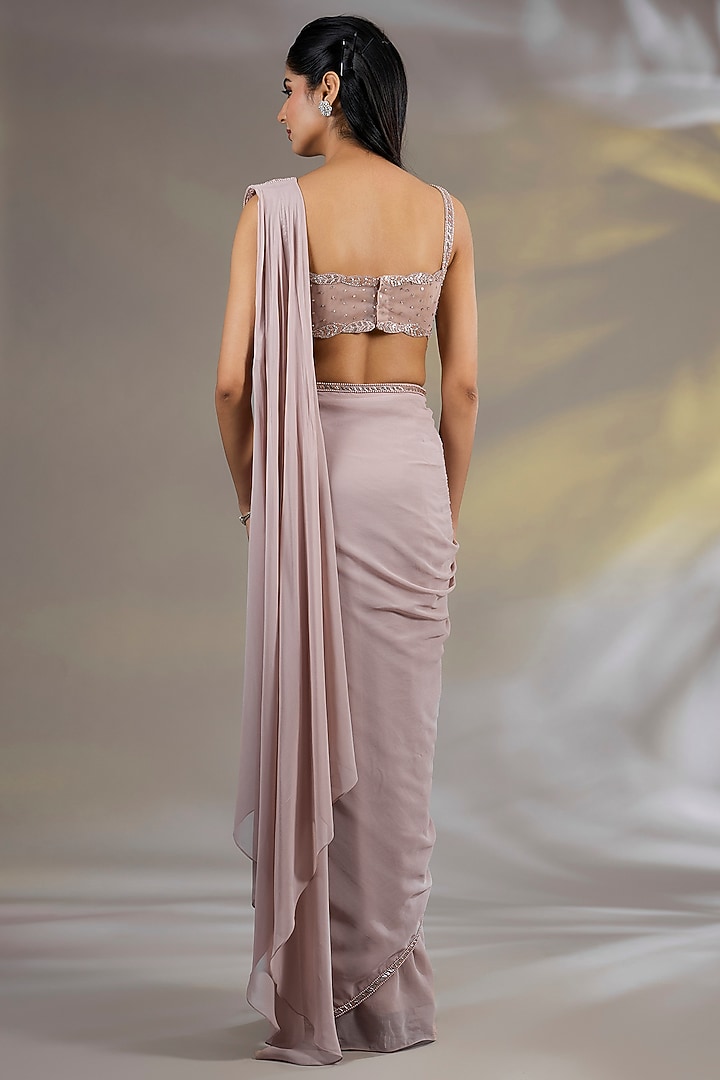 Pink Georgette & Net Pre-Stitched Bead Embellished Wedding Saree Set by Chaashni by Maansi and Ketan at Pernia's Pop Up Shop