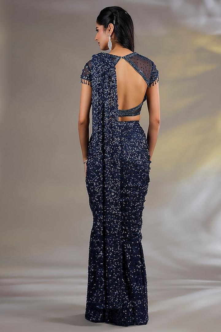 Blue Net & Imported Fabric Bead Embellished Pre-Stitched Wedding Saree Set by Chaashni by Maansi and Ketan at Pernia's Pop Up Shop