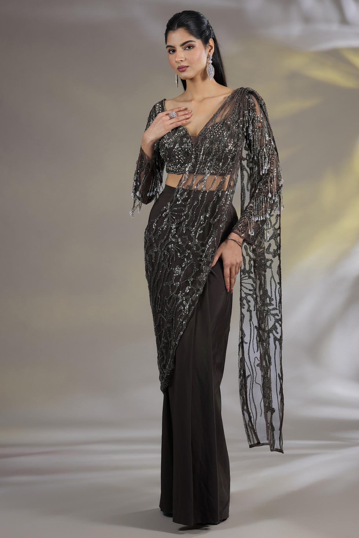 Brown Net & Lycra Bead Embellished Pre-Stitched Wedding Saree Set by Chaashni by Maansi and Ketan at Pernia's Pop Up Shop