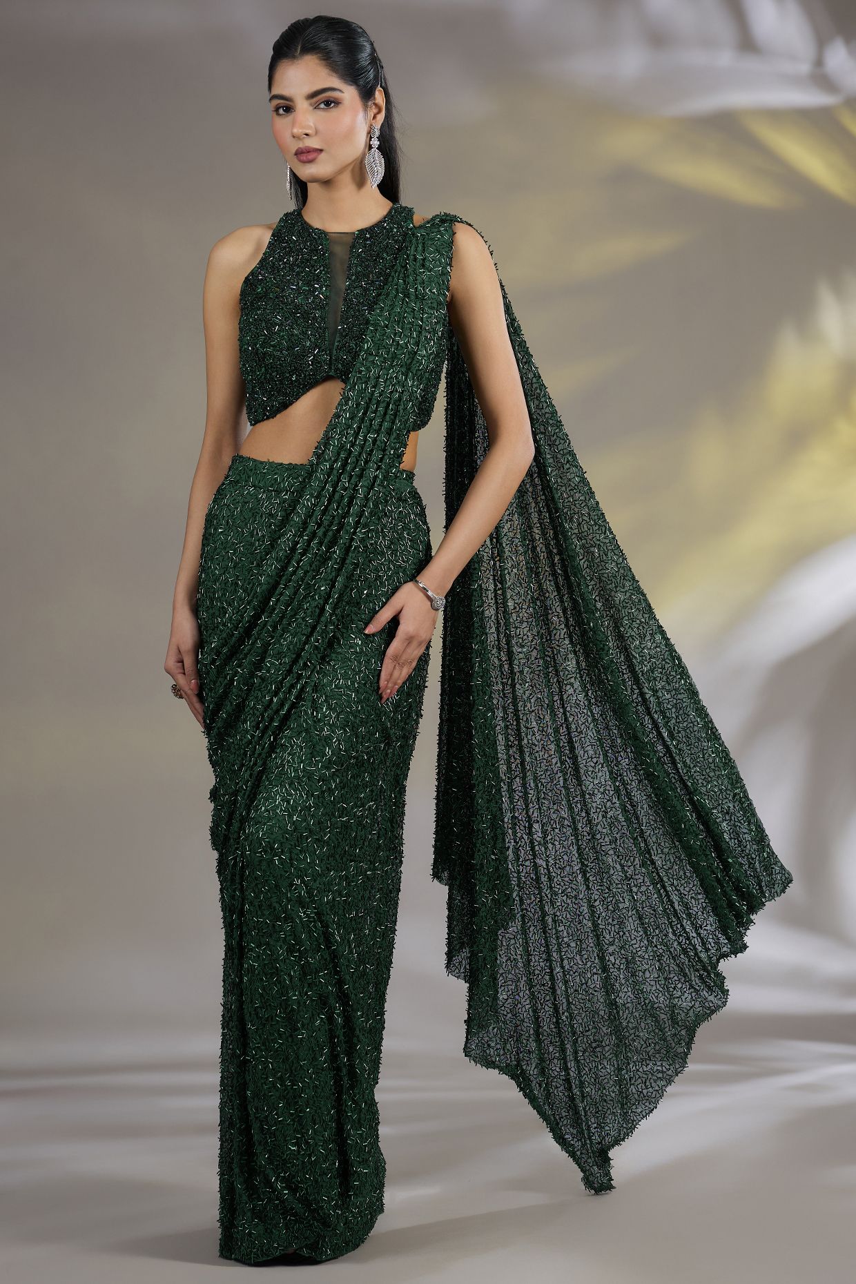 Green Net Crystal Embellished Pre-Stitched Wedding Saree Set by Chaashni by Maansi and Ketan at Pernia's Pop Up Shop