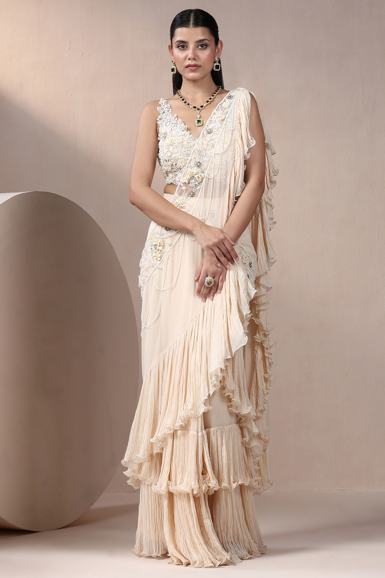 Ivory Net & Georgette Sequins Embellished Wedding Lehenga Saree Set by Chaashni by Maansi and Ketan at Pernia's Pop Up Shop