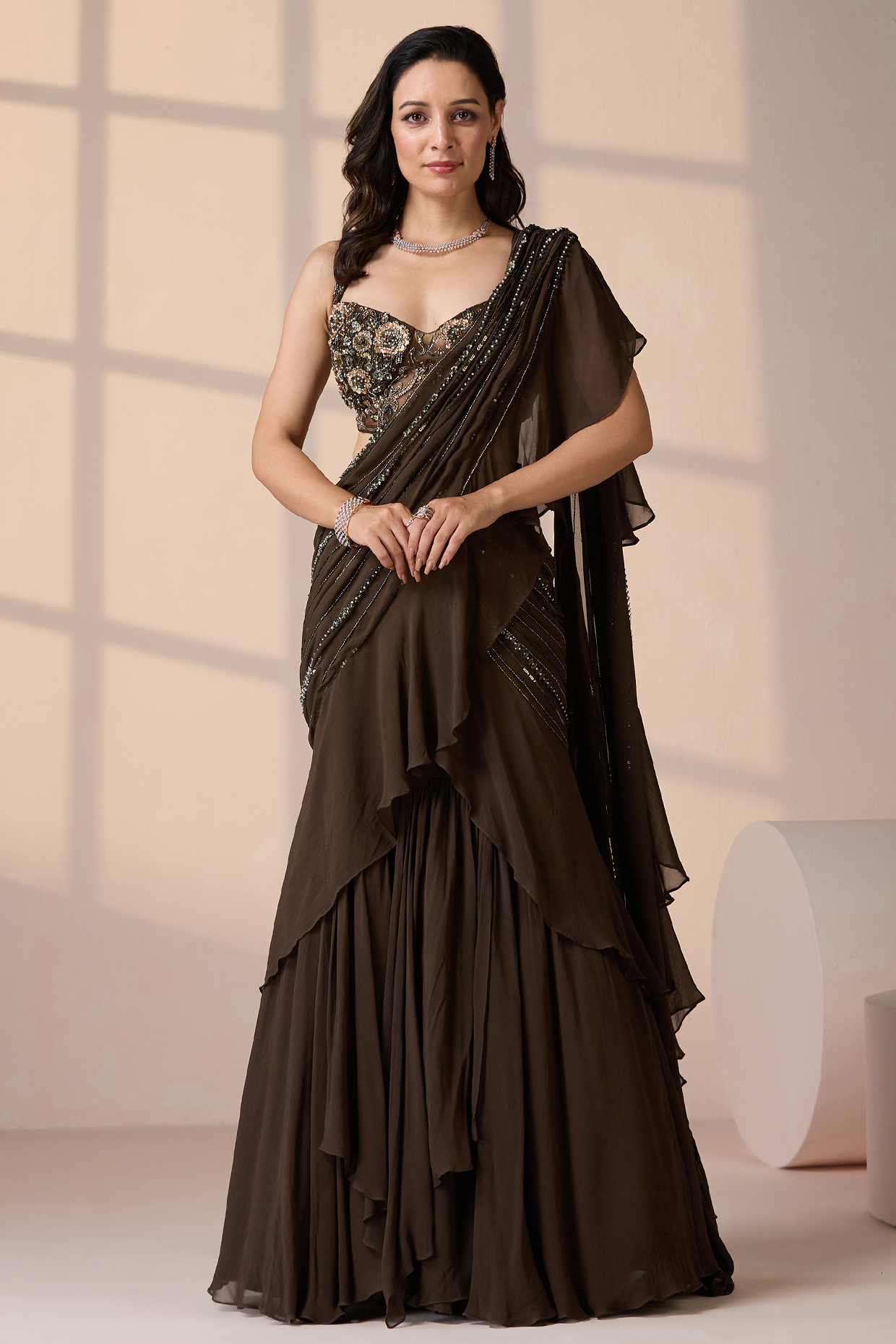 Green Net & Georgette Pearl Embellished Wedding Lehenga Saree Set by Chaashni by Maansi and Ketan at Pernia's Pop Up Shop