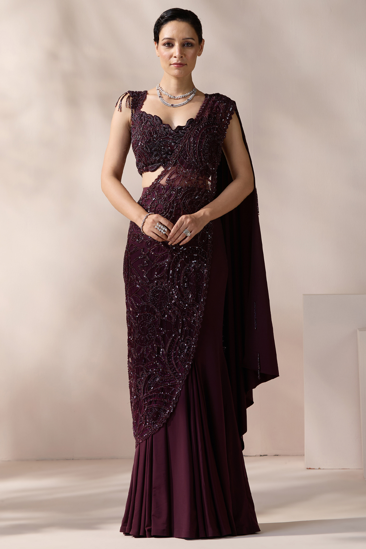 Wine Net Sequins & Pearl Embellished Wedding Lehenga Saree Set by Chaashni by Maansi and Ketan at Pernia's Pop Up Shop