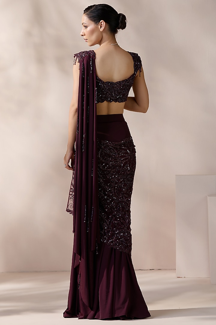 Wine Net Sequins & Pearl Embellished Wedding Lehenga Saree Set by Chaashni by Maansi and Ketan at Pernia's Pop Up Shop