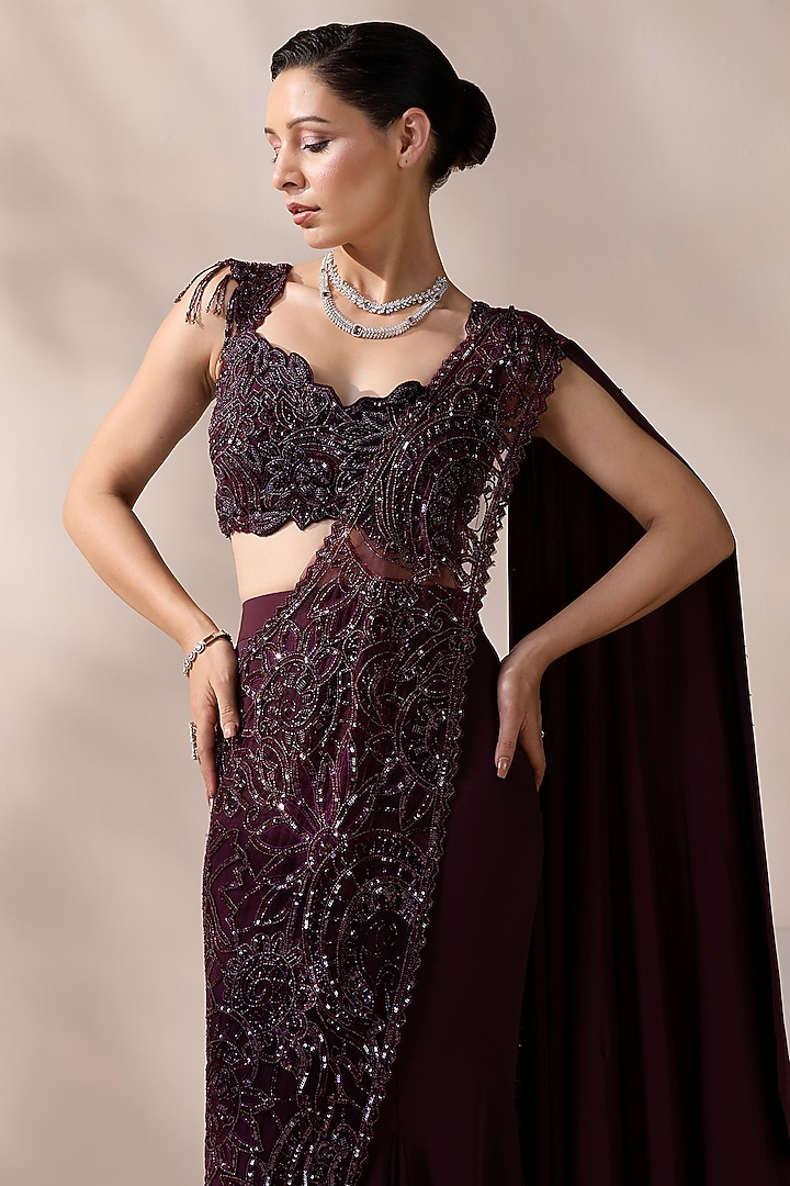 Wine Net Sequins & Pearl Embellished Wedding Lehenga Saree Set by Chaashni by Maansi and Ketan at Pernia's Pop Up Shop