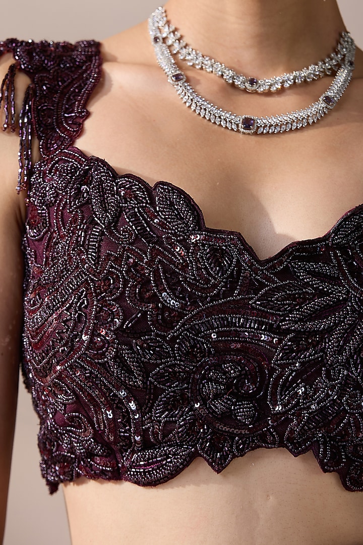 Wine Net Sequins & Pearl Embellished Wedding Lehenga Saree Set by Chaashni by Maansi and Ketan at Pernia's Pop Up Shop