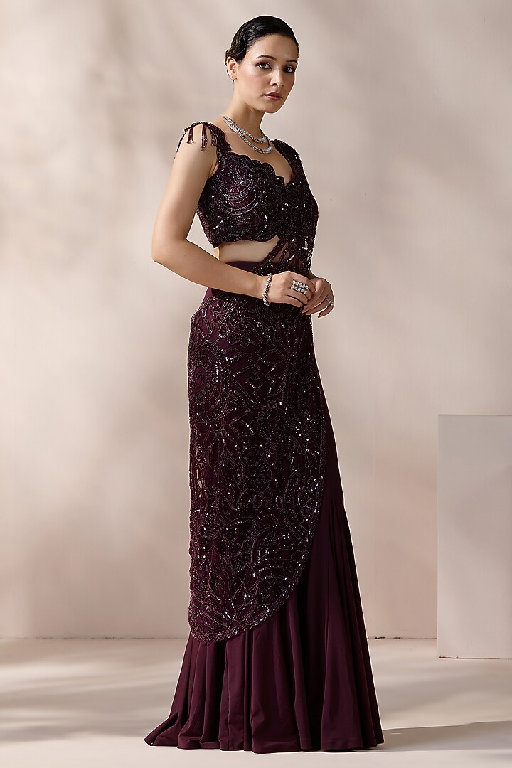 Wine Net Sequins & Pearl Embellished Wedding Lehenga Saree Set by Chaashni by Maansi and Ketan at Pernia's Pop Up Shop