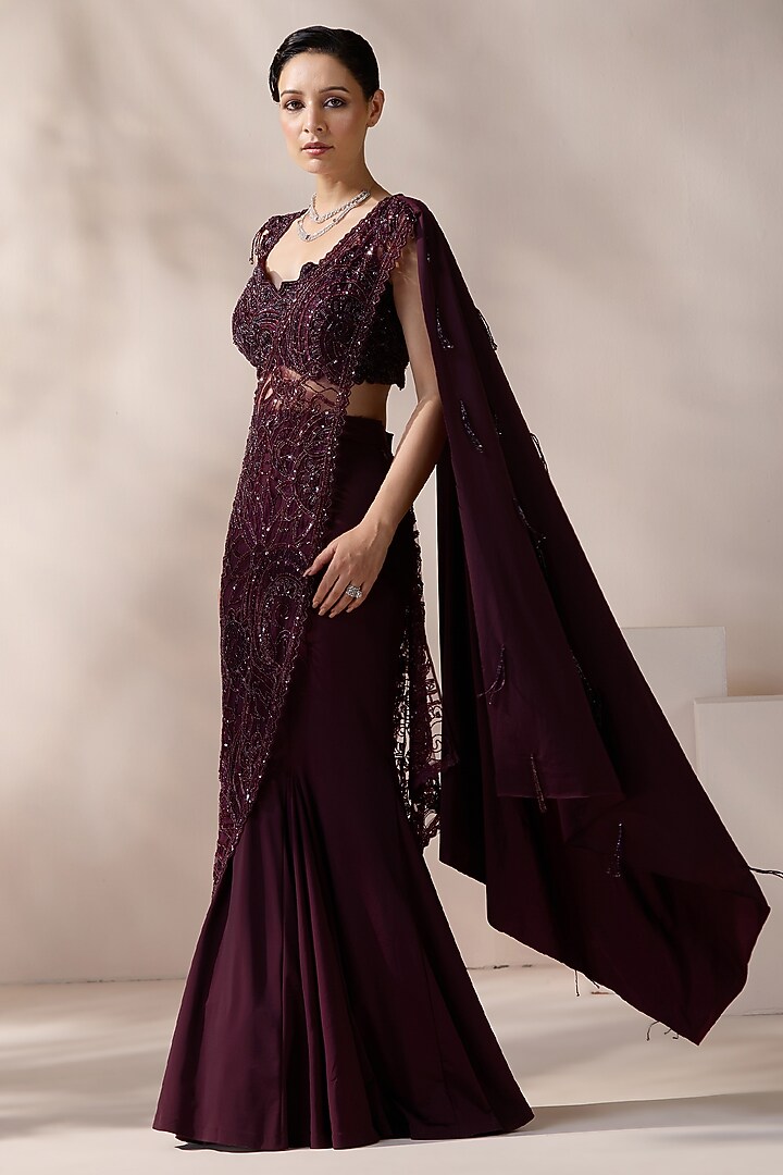 Wine Net Sequins & Pearl Embellished Wedding Lehenga Saree Set by Chaashni by Maansi and Ketan at Pernia's Pop Up Shop