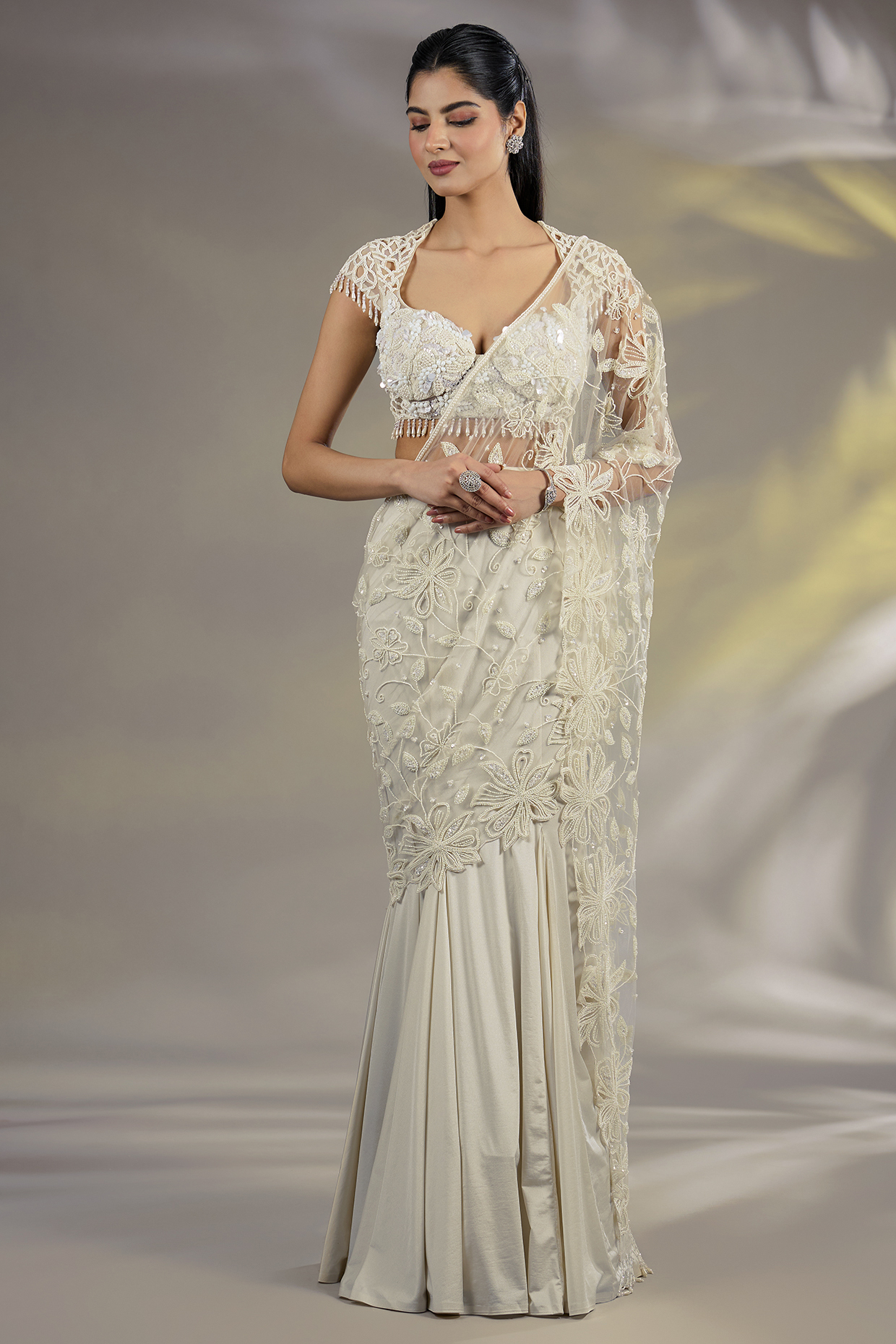 Ivory Lycra & Net Pearl Embellished Wedding Lehenga Saree Set by Chaashni by Maansi and Ketan at Pernia's Pop Up Shop