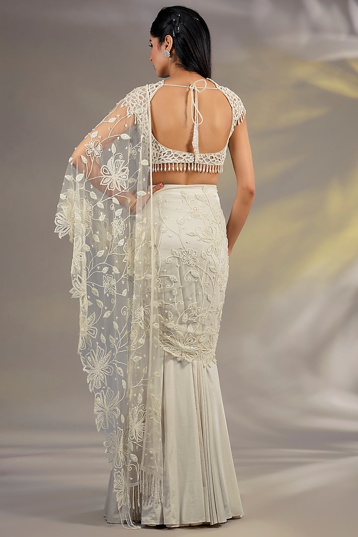 Ivory Lycra & Net Pearl Embellished Reception Lehenga Saree Set by Chaashni by Maansi and Ketan at Pernia's Pop Up Shop