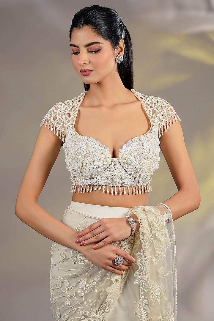 Ivory Lycra & Net Pearl Embellished Reception Lehenga Saree Set by Chaashni by Maansi and Ketan at Pernia's Pop Up Shop