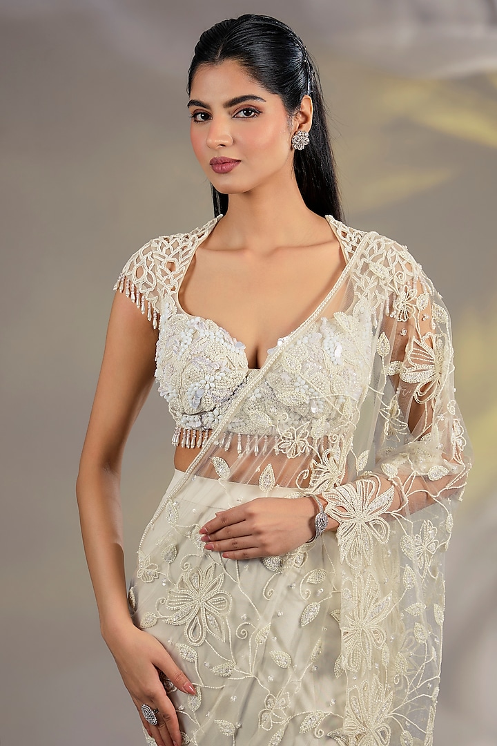 Ivory Lycra & Net Pearl Embellished Reception Lehenga Saree Set by Chaashni by Maansi and Ketan at Pernia's Pop Up Shop