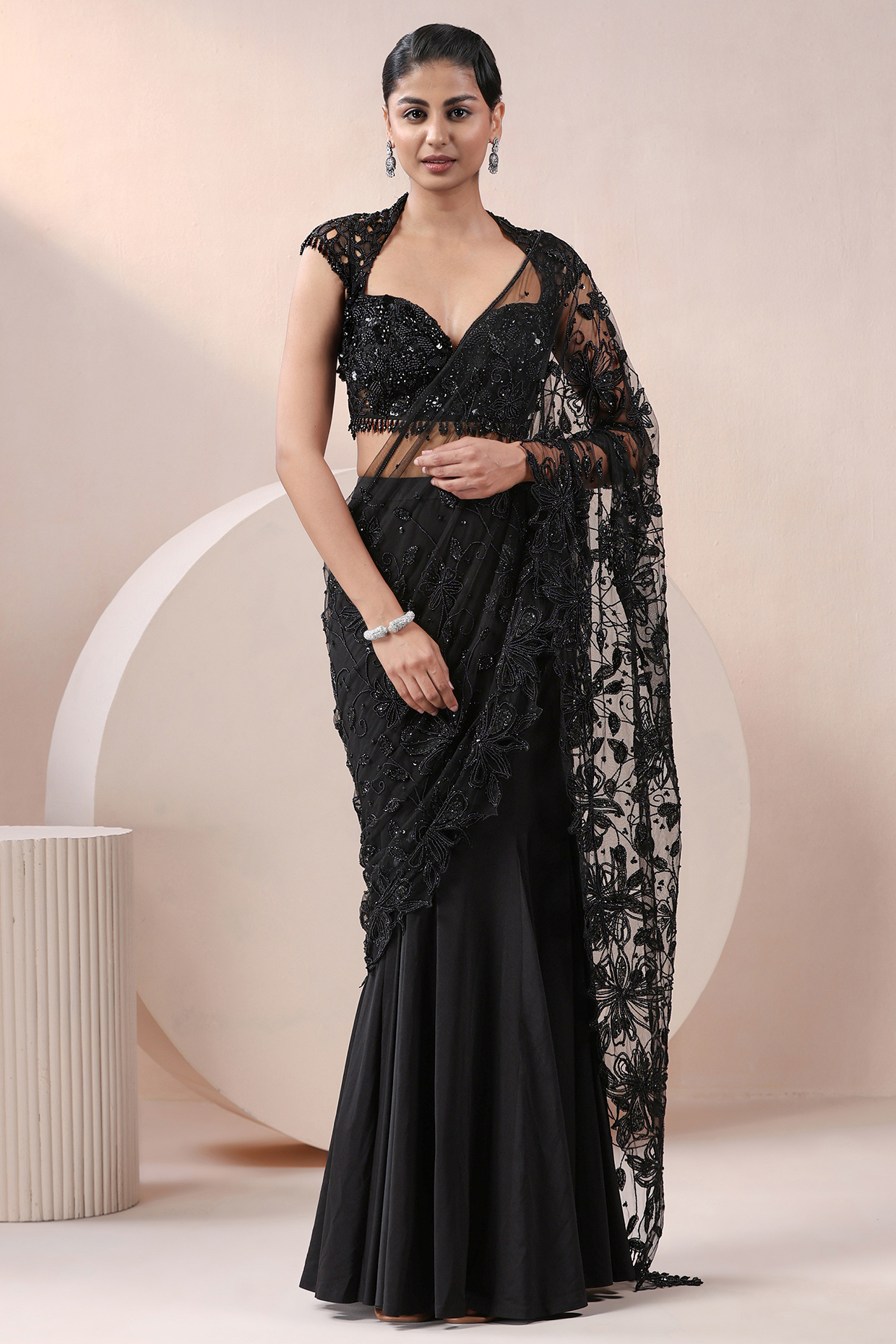 Black Net & Lycra Sequins Embellished Lehenga Saree Set by Chaashni by Maansi and Ketan at Pernia's Pop Up Shop