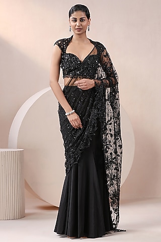 Black Net & Lycra Sequins Embellished Lehenga Saree Set by Chaashni by Maansi and Ketan